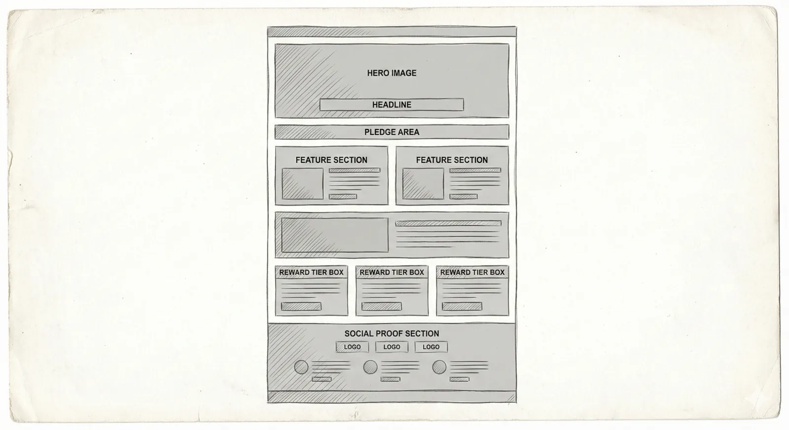 Wireframe style layout of a Kickstarter campaign page with clear sections and rewards