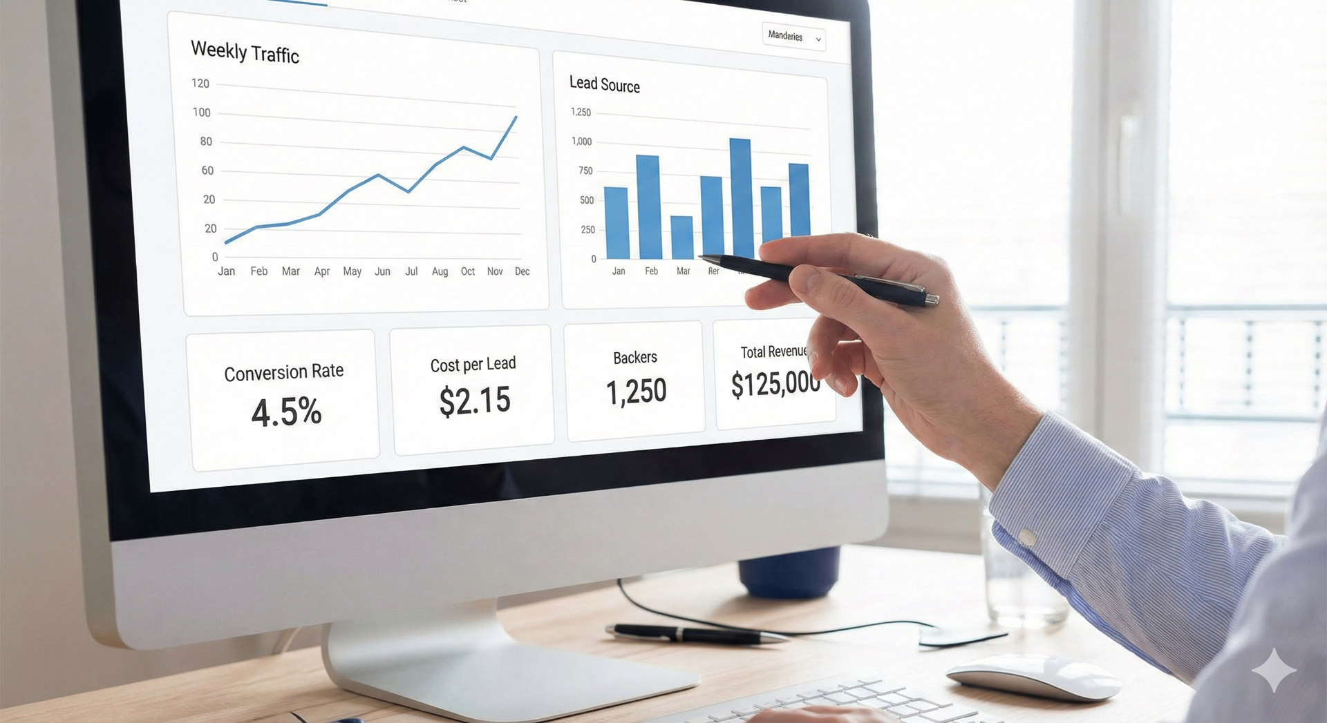 Analytics dashboard showing live Kickstarter campaign metrics and ad performance on a monitor