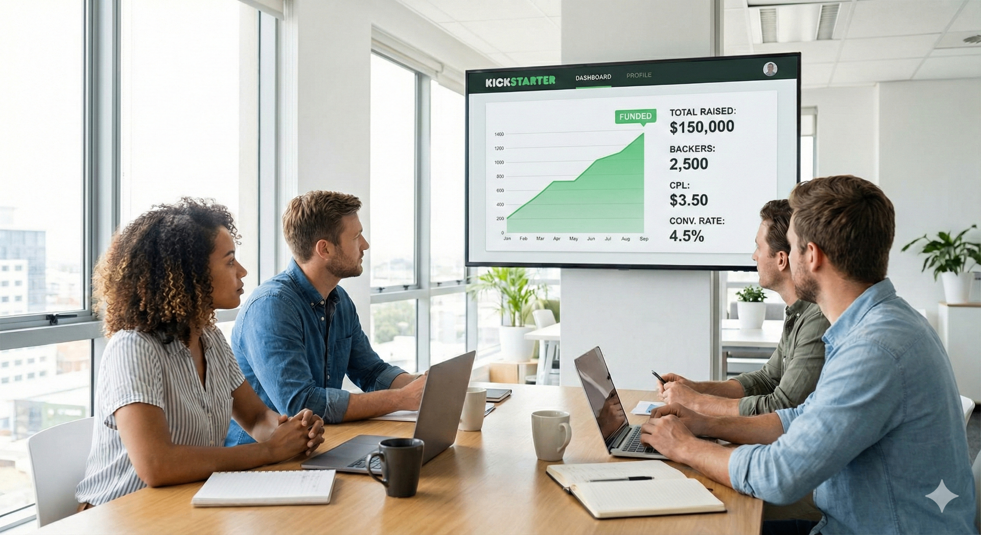 Kickstarter marketing team reviewing campaign dashboards together in a modern office