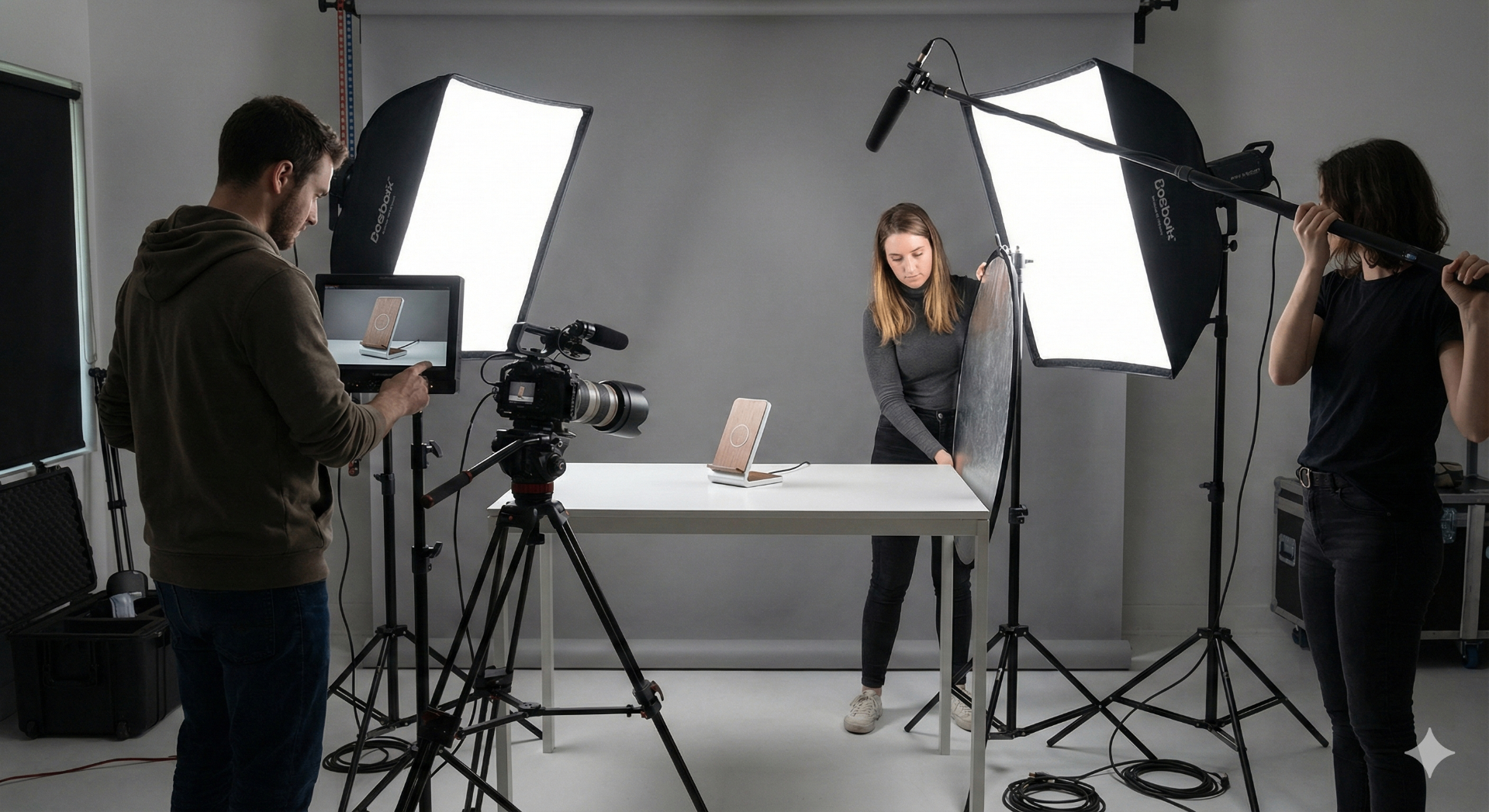 Video and photo crew filming a physical product for a crowdfunding campaign in a studio