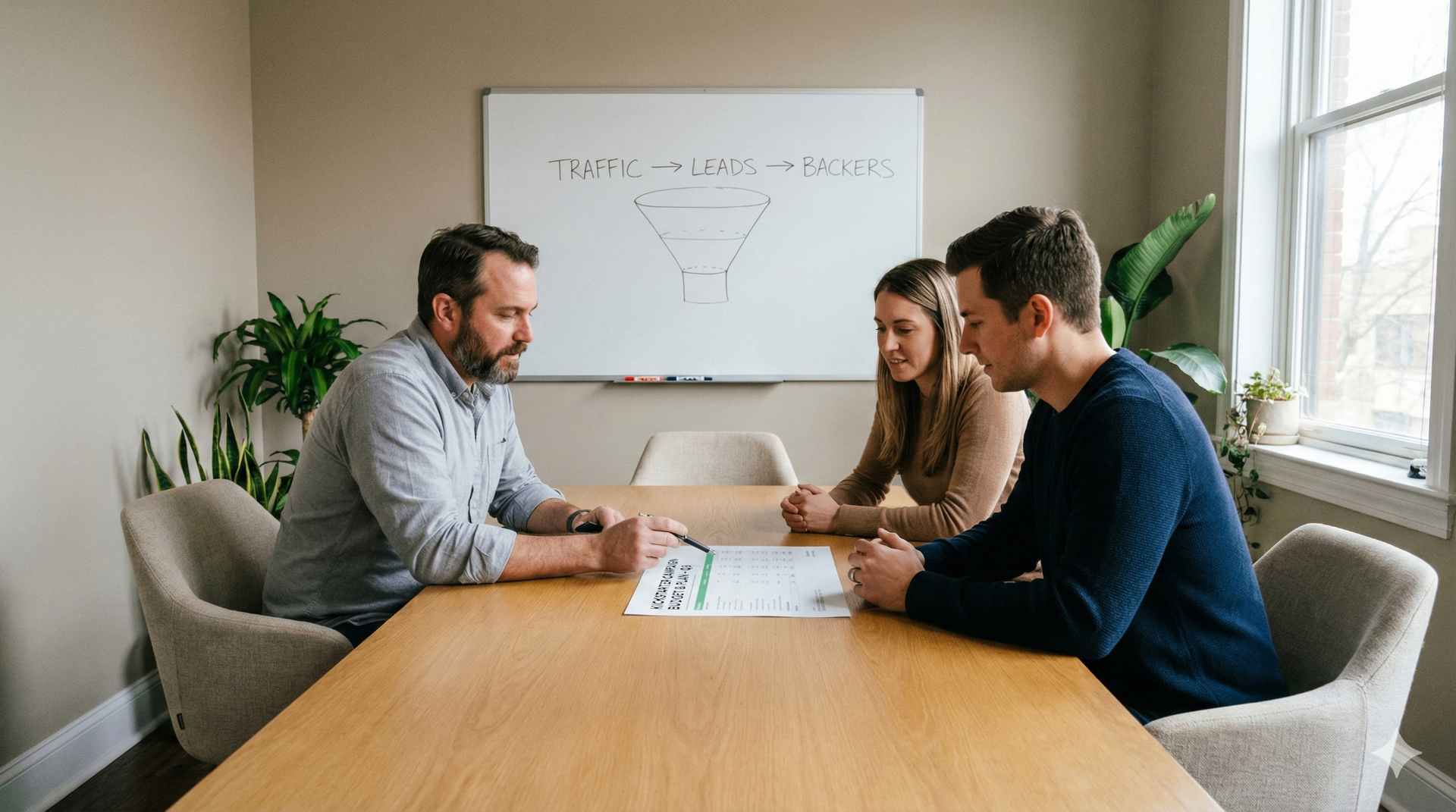 Creator and agency team discussing Kickstarter marketing budget and plan in a meeting room