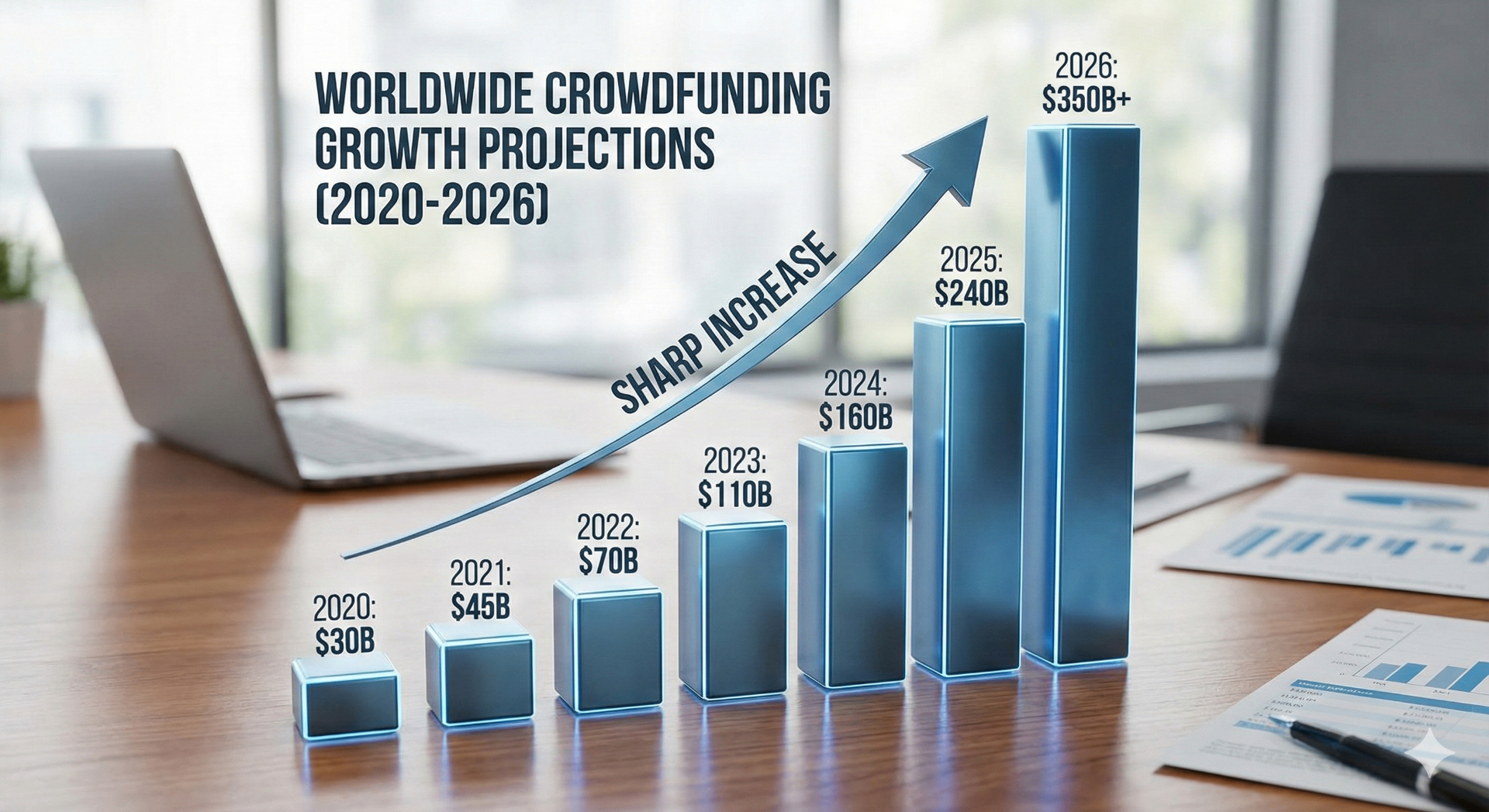 Worldwide crowdfunding growth projections 2020-2026 showing sharp increase from $30B to $350B+