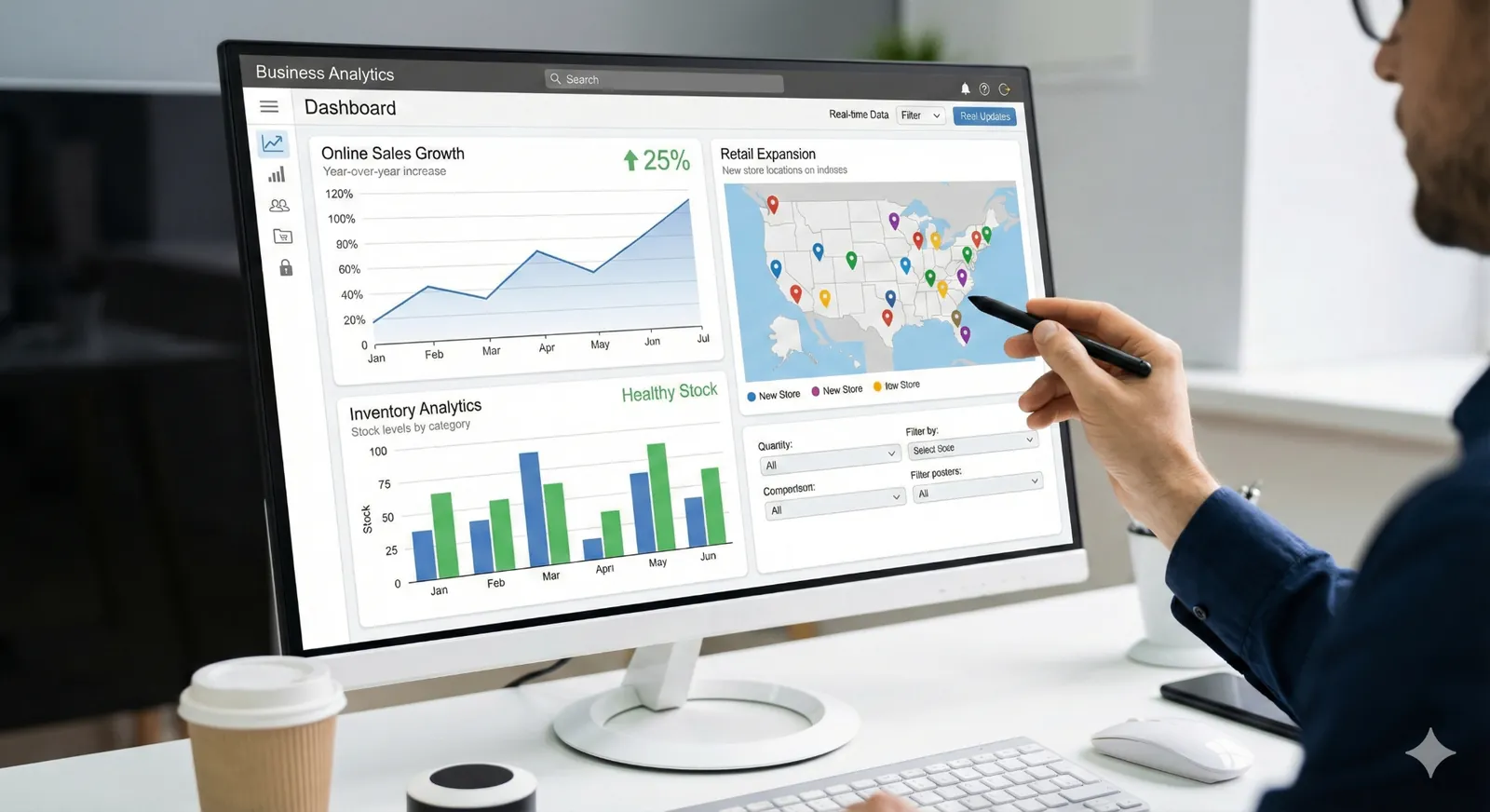 eCommerce growth dashboard showing online sales growth, retail expansion map, and inventory analytics