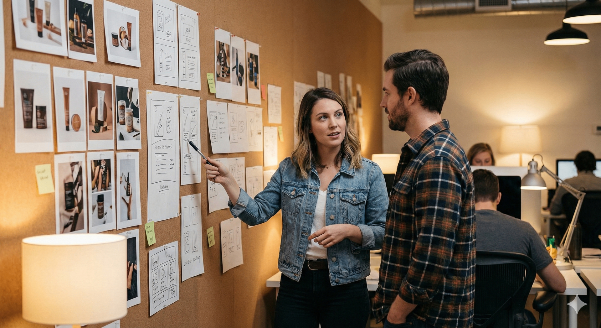 Printed ad concepts and product photos arranged on a wall for review