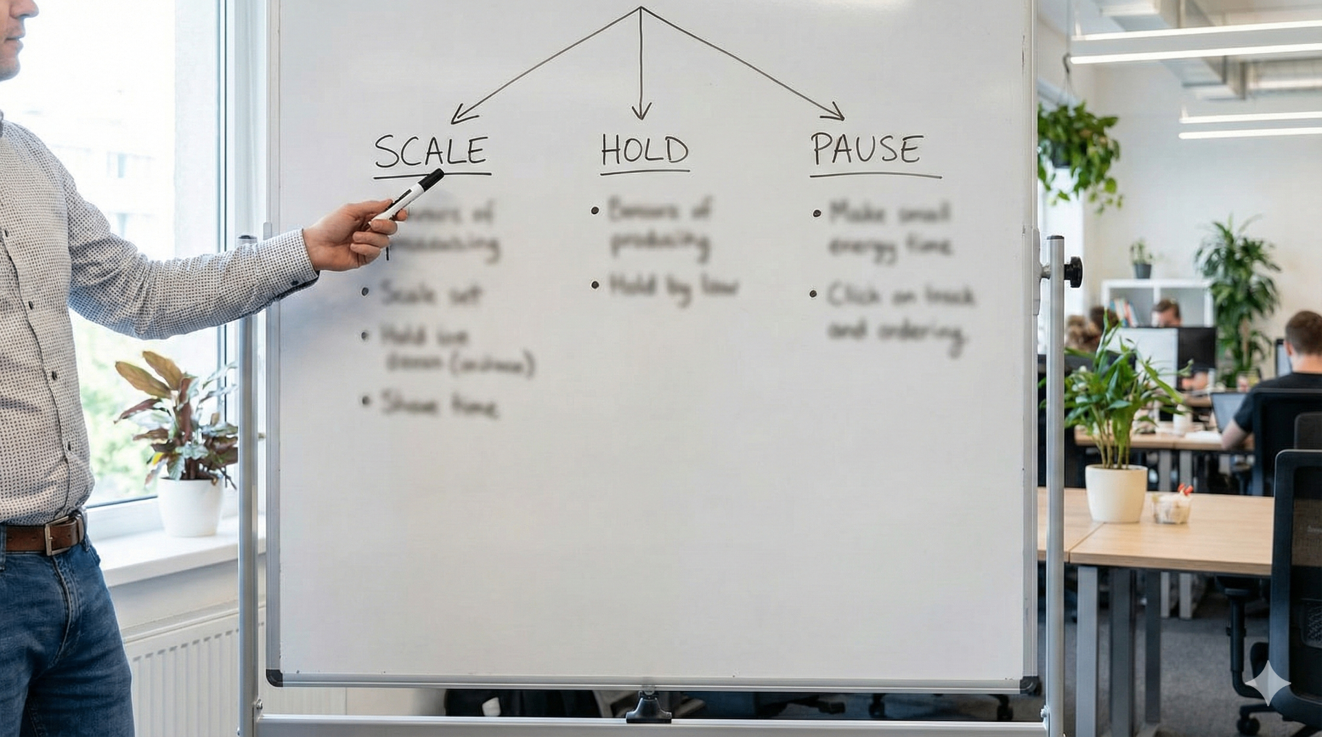 Whiteboard showing BoostYourCampaign ad decision framework with Scale, Hold, and Pause columns and criteria for each action