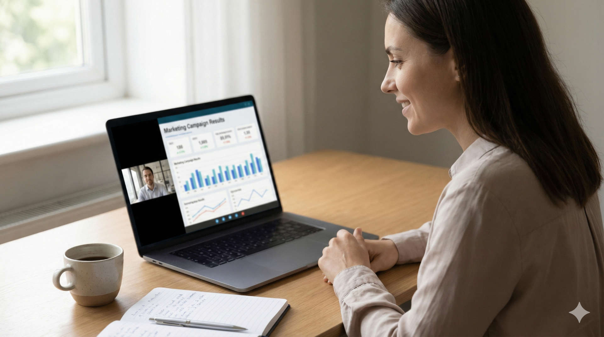 Client on video call reviewing Kickstarter marketing campaign results with performance charts and data visualization