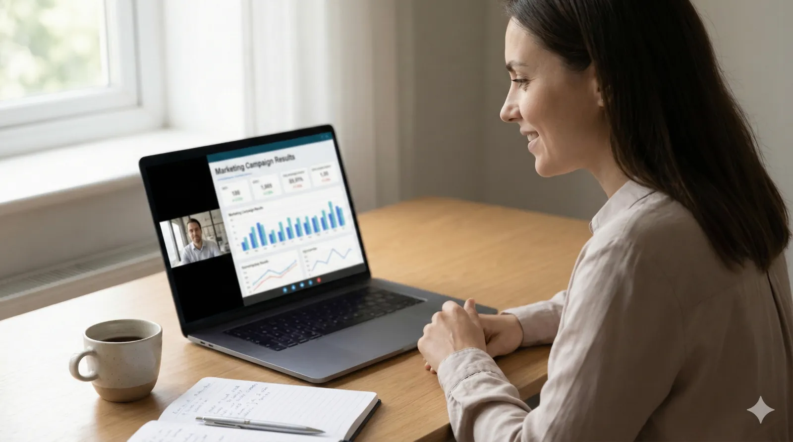 Client on video call reviewing Kickstarter marketing campaign results with performance charts and data visualization