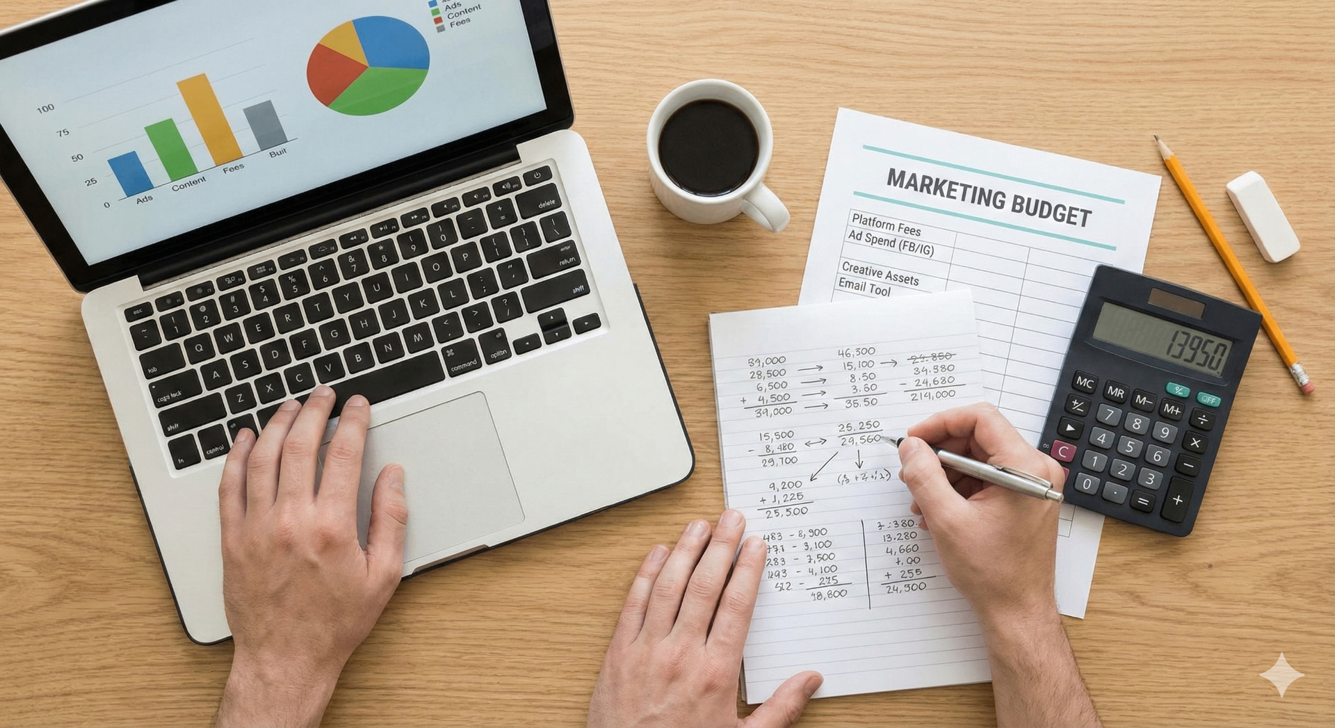 Person calculating Kickstarter marketing budget with laptop, notes, and a simple cost breakdown chart