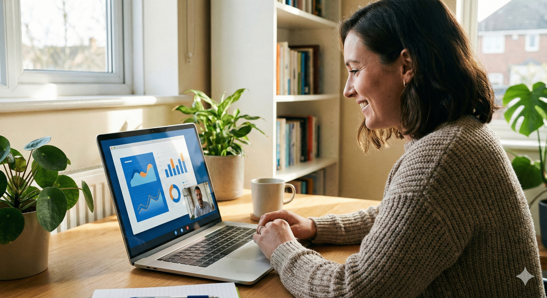 Founder on a video call with a marketing agency, looking at campaign results on a laptop