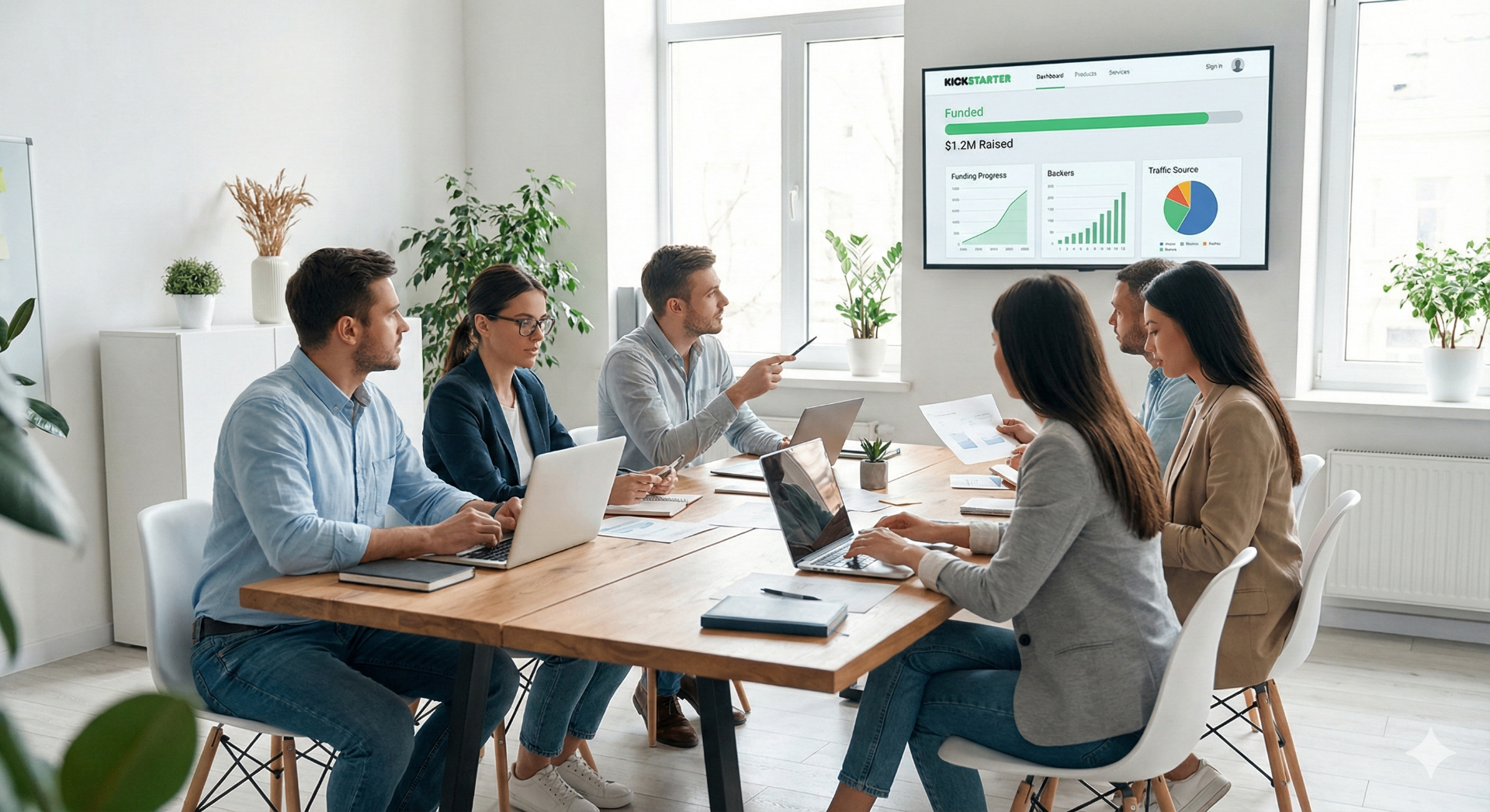 Creator and marketing team reviewing Kickstarter campaign performance together in a modern office