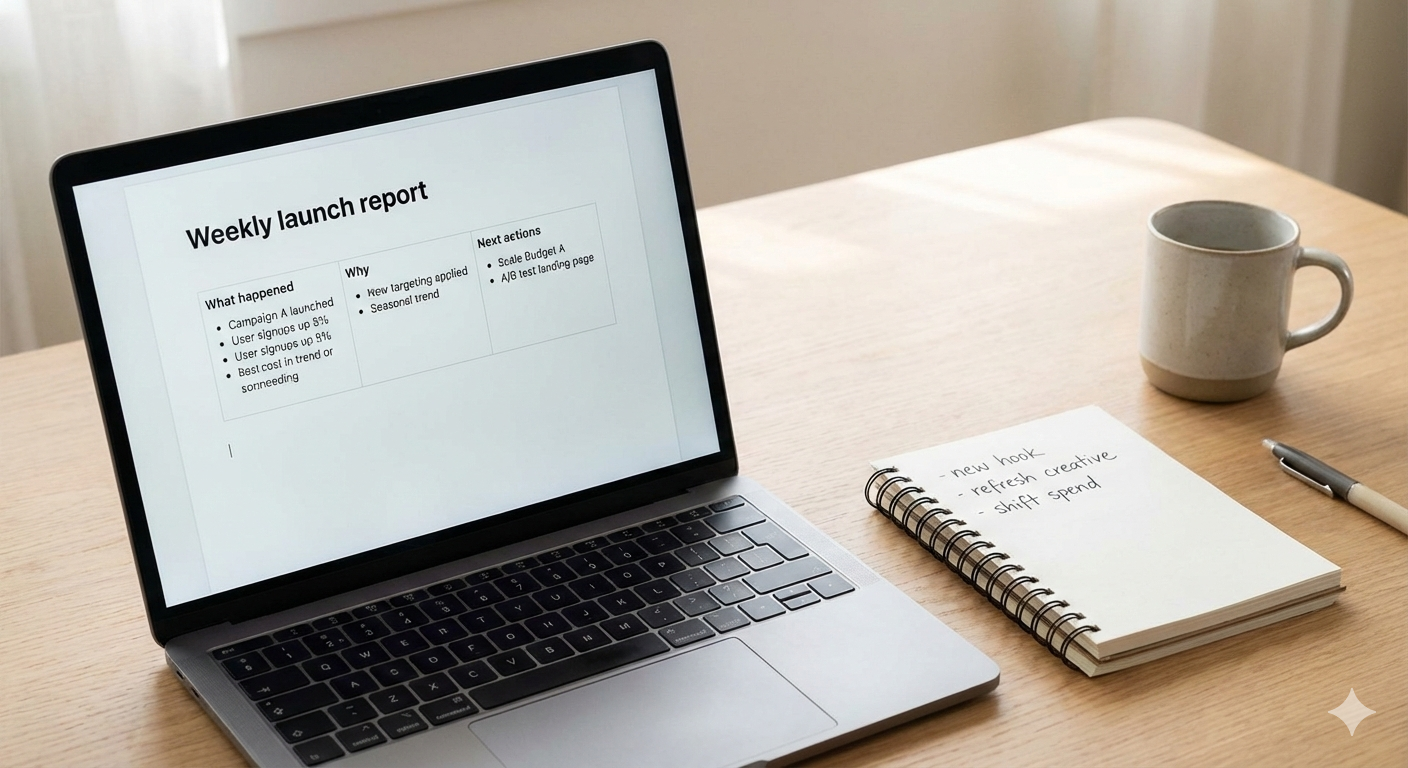 Weekly launch report showing what happened, why, and next actions including scale budget and A/B test landing page with handwritten notes for new hook, refresh creative, and shift spend
