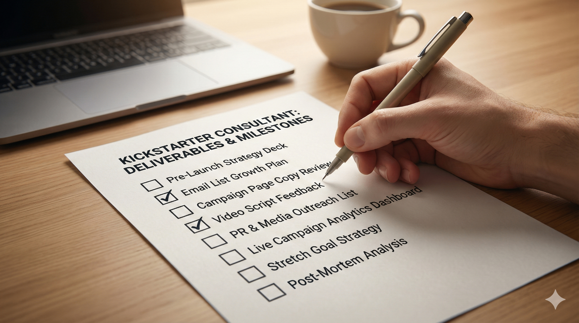 Kickstarter consultant deliverables and milestones checklist including pre-launch strategy, email list growth, campaign page review, video script feedback, and analytics dashboard