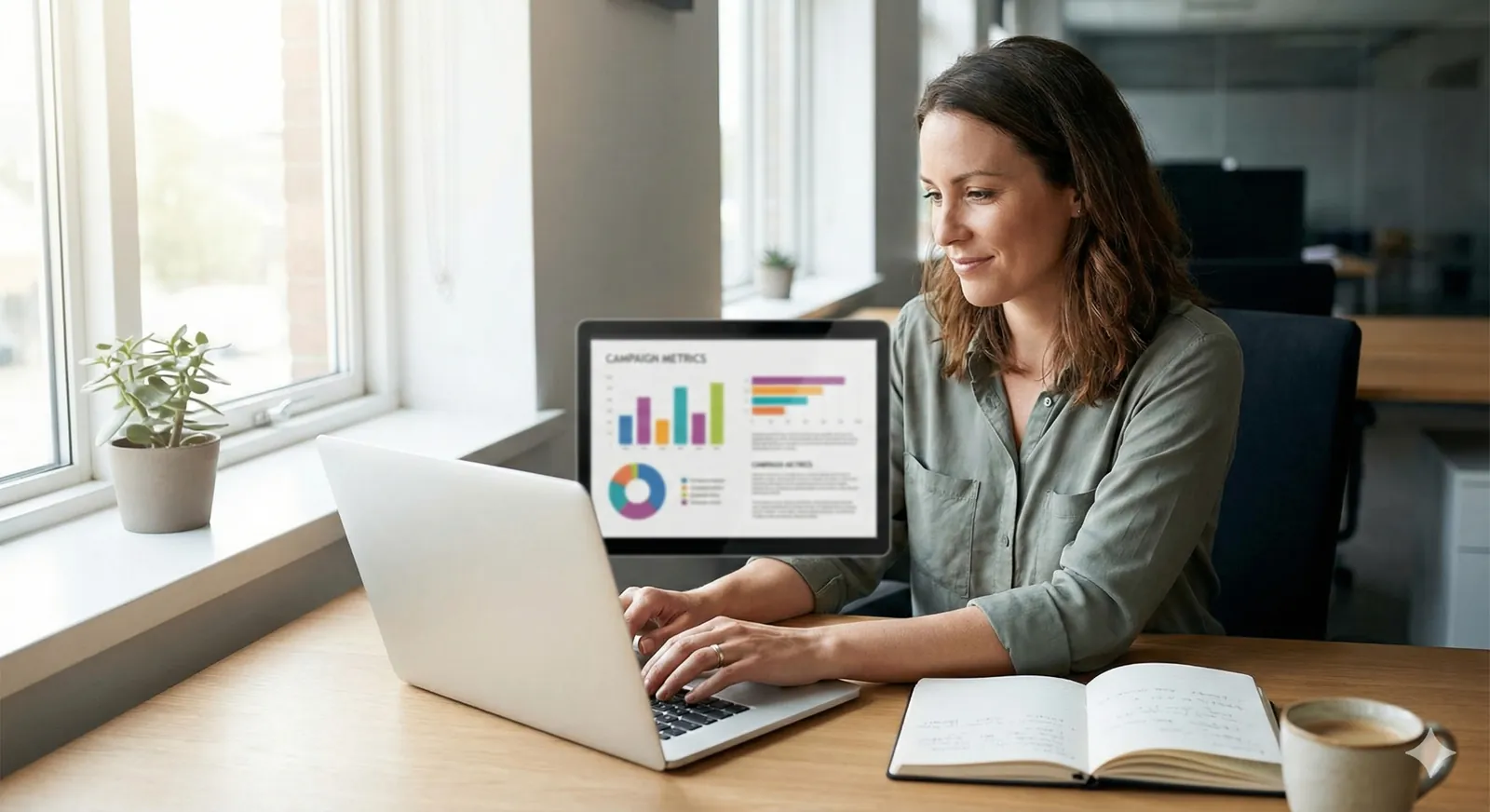 Person checking ad performance and campaign metrics on a laptop at a tidy desk