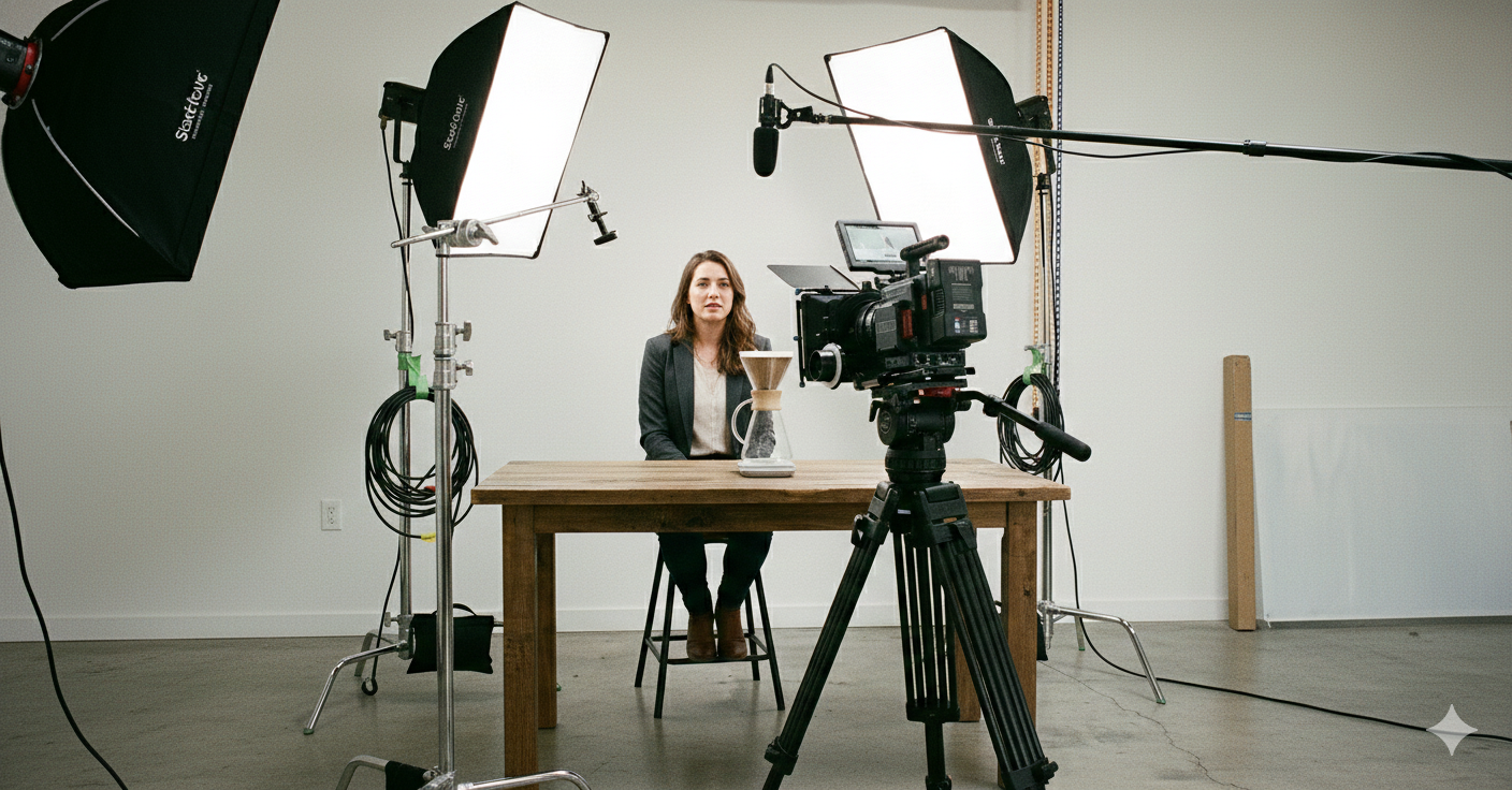 Kickstarter campaign founder talking to camera in professional video studio with lighting equipment and product display for crowdfunding video production