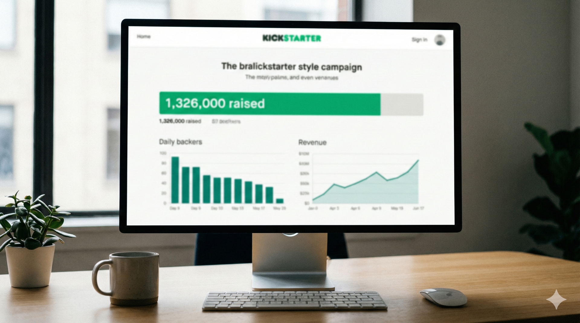Kickstarter campaign dashboard showing $1,326,000 raised with daily backers chart and revenue trend line