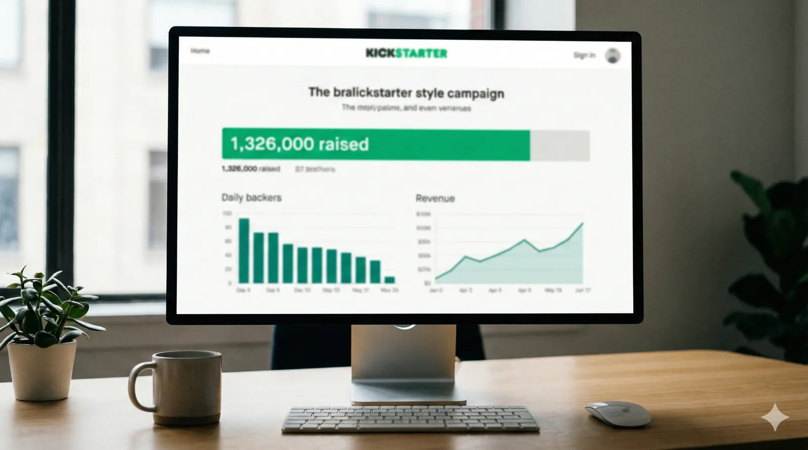 Kickstarter campaign dashboard showing $1,326,000 raised with daily backers chart and revenue trend line