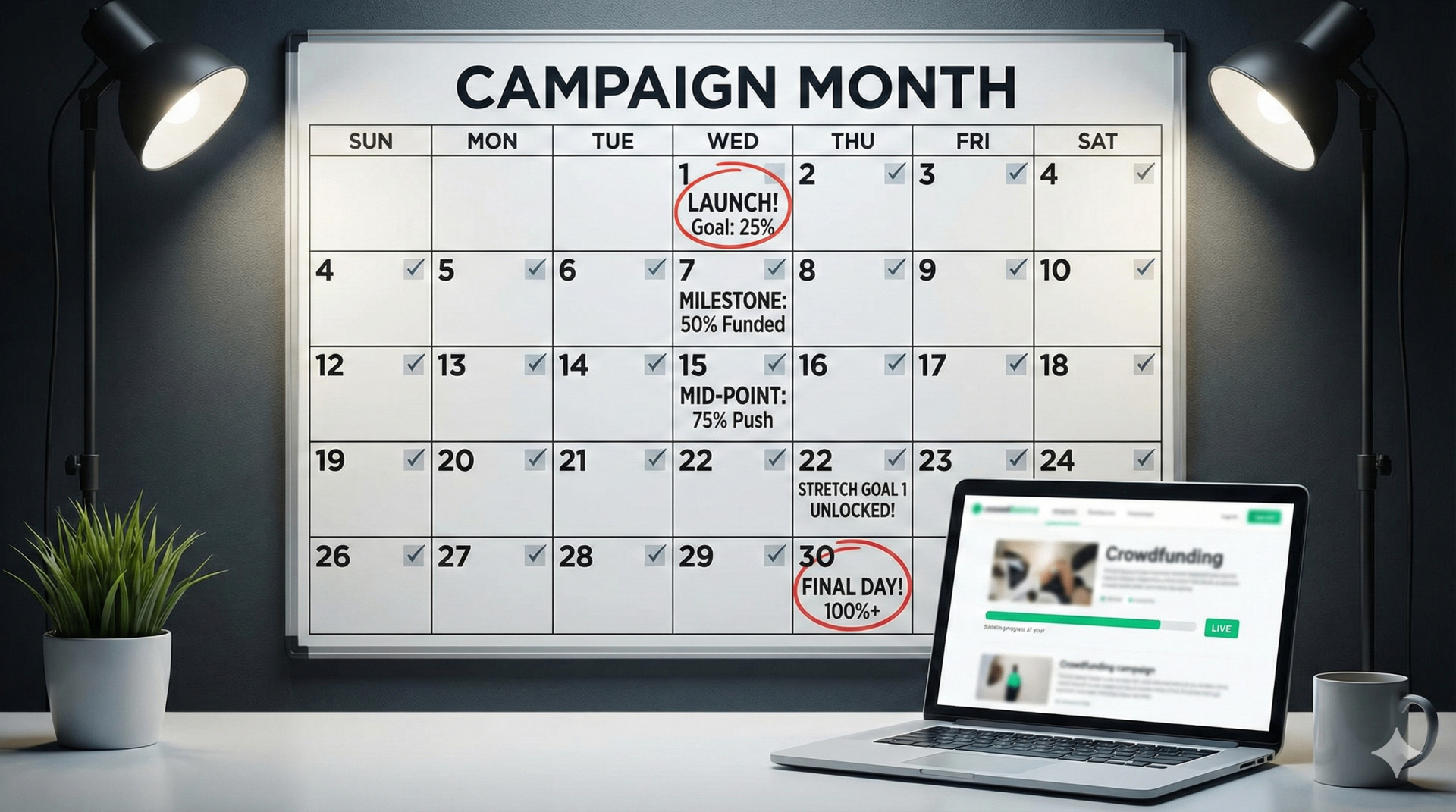 Kickstarter live campaign timeline calendar showing 30-day campaign month with launch day, funding milestones, mid-point push, stretch goals, and final day marked for crowdfunding success