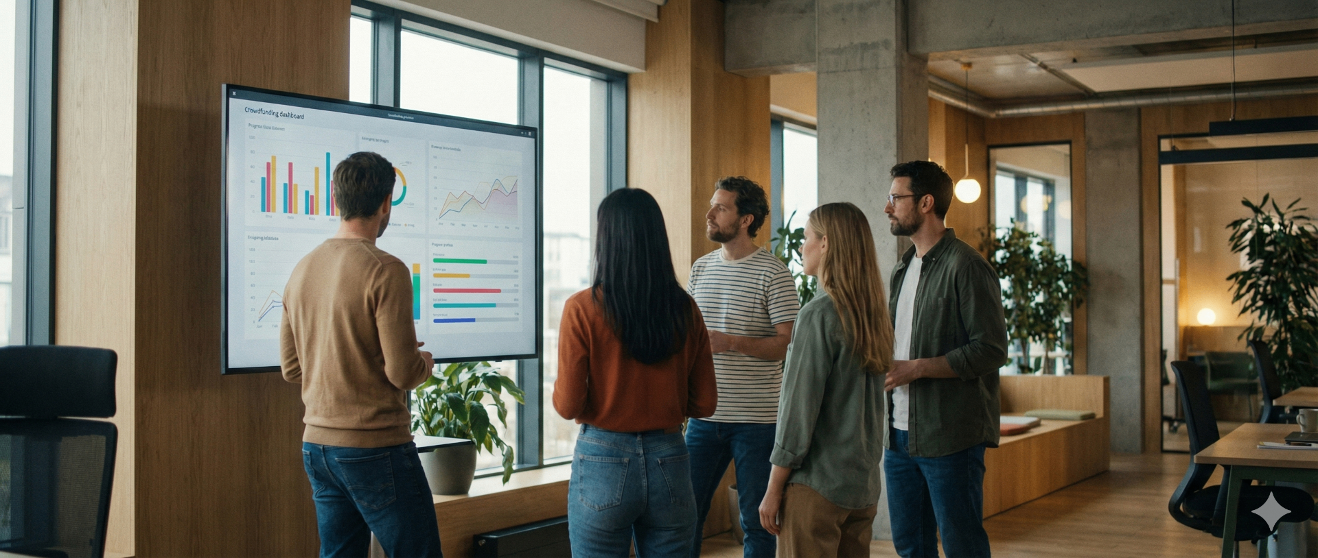 Marketing team reviewing a live Kickstarter campaign dashboard together in an office