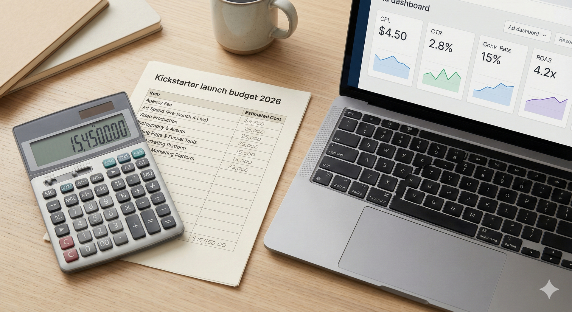 Kickstarter marketing agency pricing 2026 budget worksheet with calculator showing launch costs and ad dashboard with CPL, CTR, conversion rate, and ROAS metrics