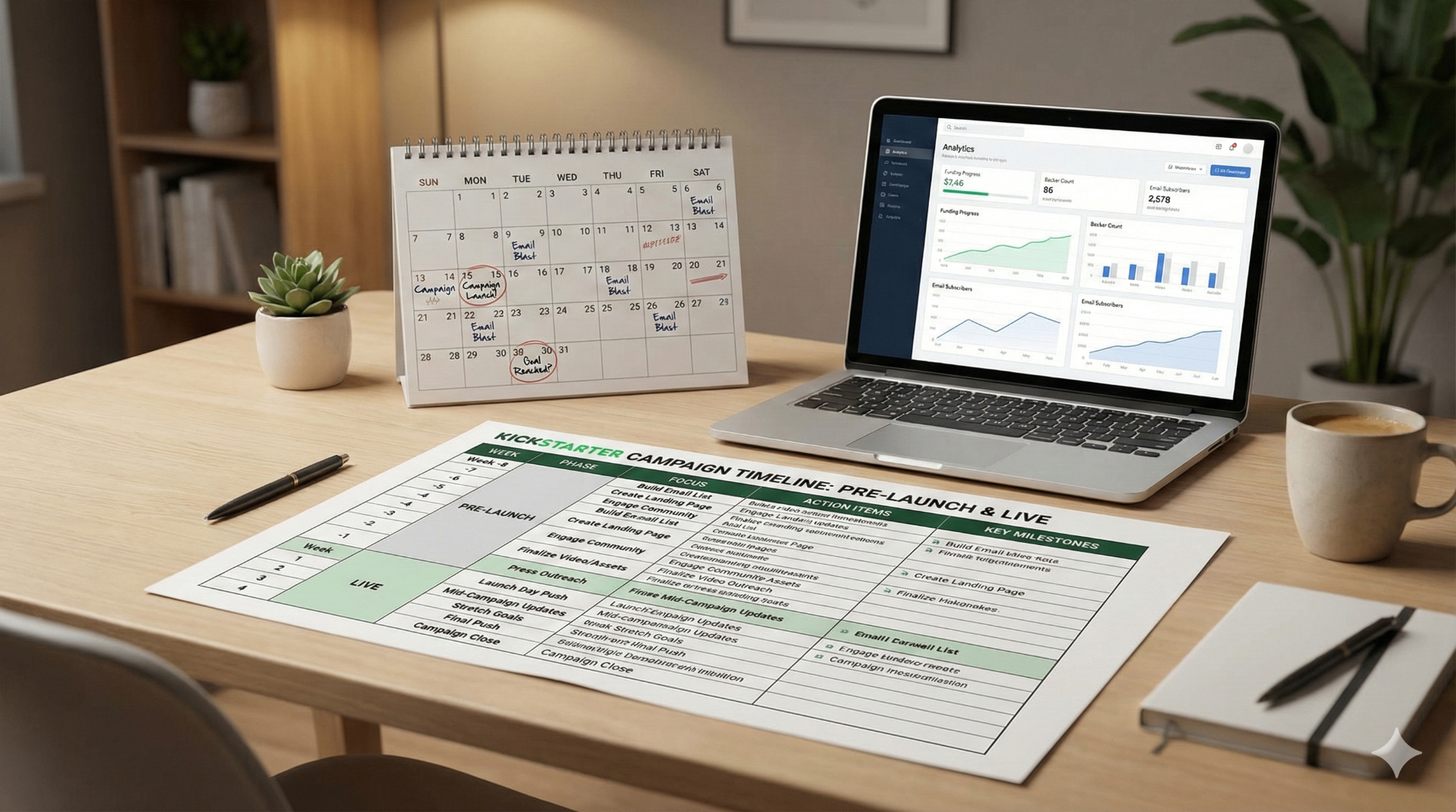 Kickstarter marketing agency timeline 2026 showing pre-launch and live campaign schedule with analytics dashboard and calendar planning for crowdfunding success