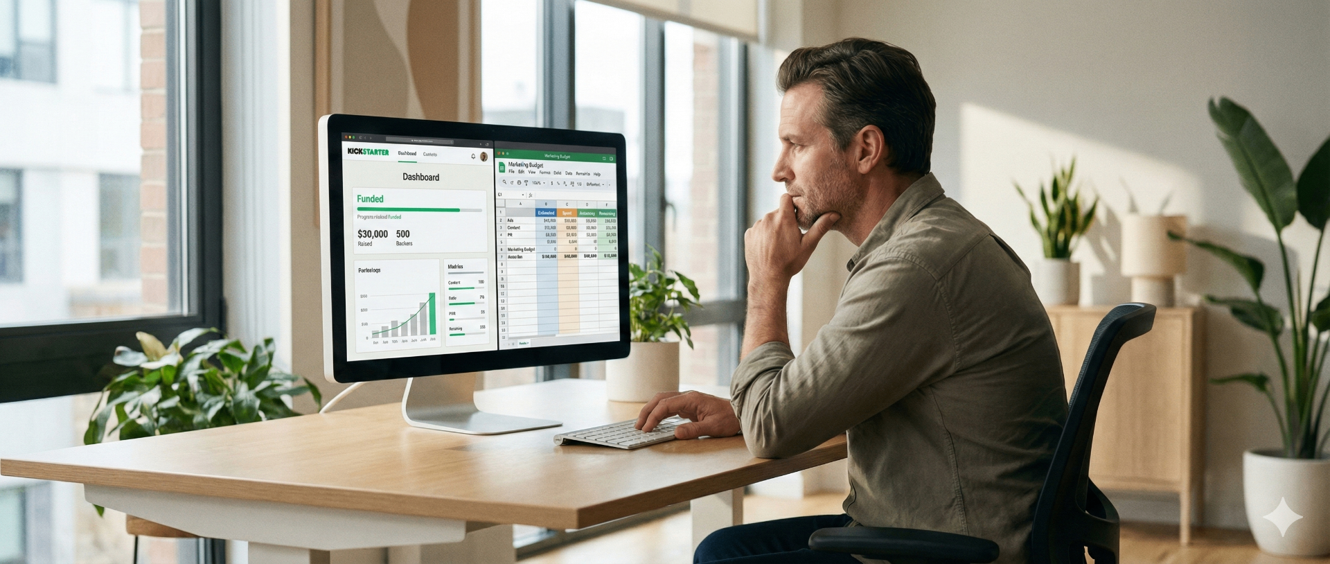 Founder reviewing a Kickstarter campaign dashboard and marketing budget spreadsheet side by side on a laptop