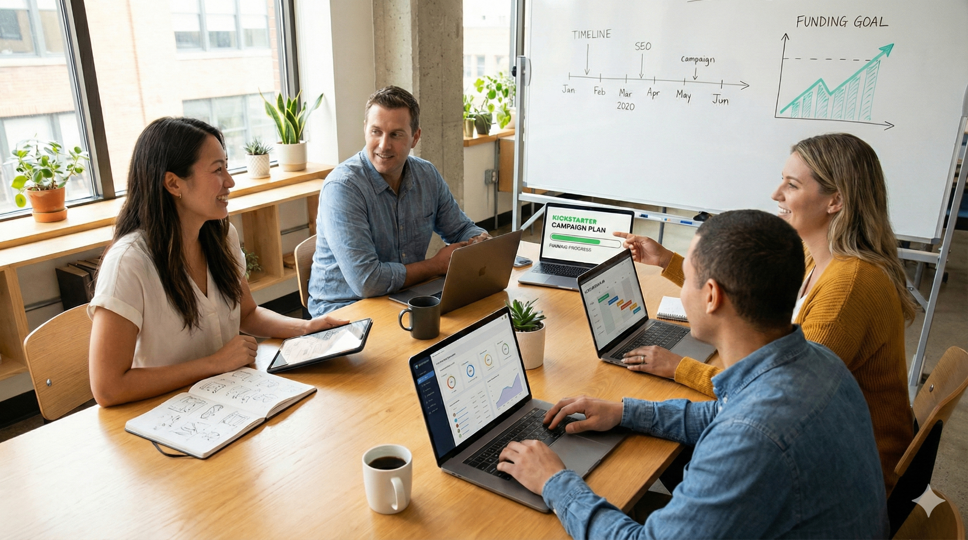 BoostYourCampaign marketing team meeting discussing Kickstarter campaign strategy