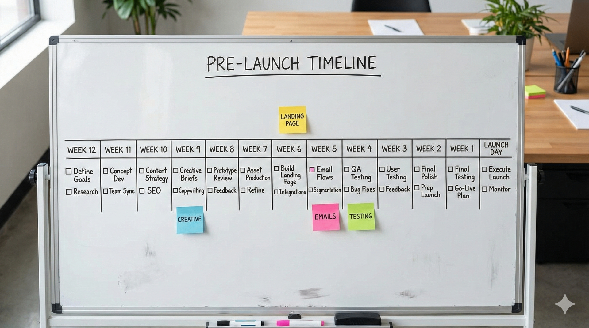 Kickstarter pre-launch timeline whiteboard showing weeks 12 to 1 before launch with key milestones for landing page, creative production, emails, and testing phases