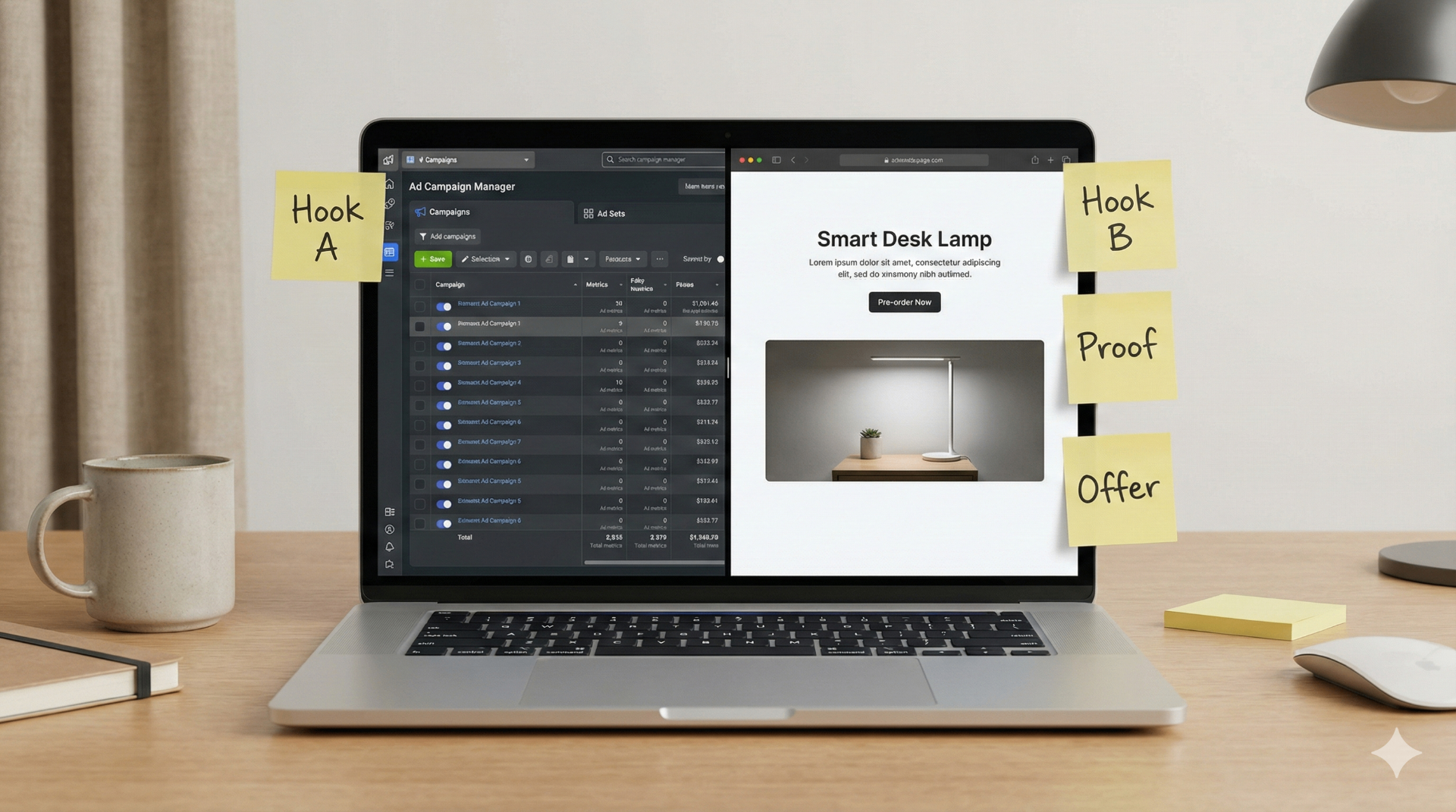 Kickstarter pre-launch validation showing ad campaign manager and landing page with hook testing, proof elements, and offer positioning for crowdfunding 2026