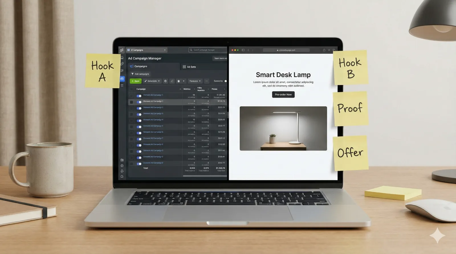 Kickstarter pre-launch validation showing ad campaign manager and landing page with hook testing, proof elements, and offer positioning for crowdfunding 2026