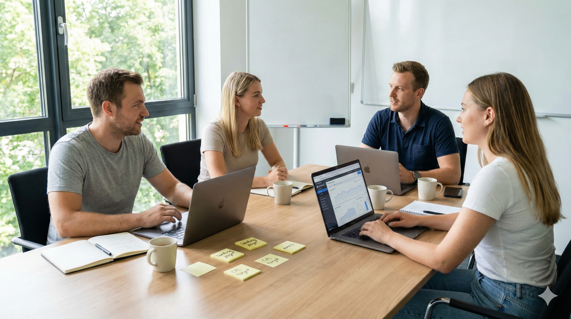 Small team planning pre launch Kickstarter ads and email list growth around a table with laptops and notes