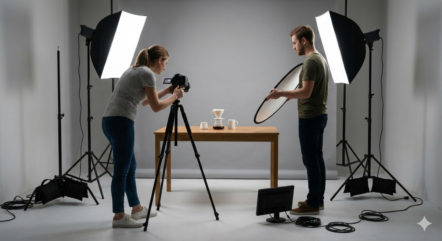 In-house creative team reviewing product photography and video content for Kickstarter ads