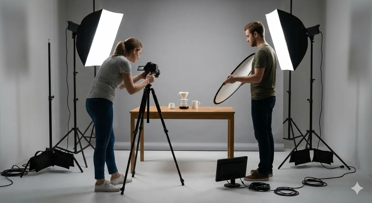 In-house creative team reviewing product photography and video content for Kickstarter ads