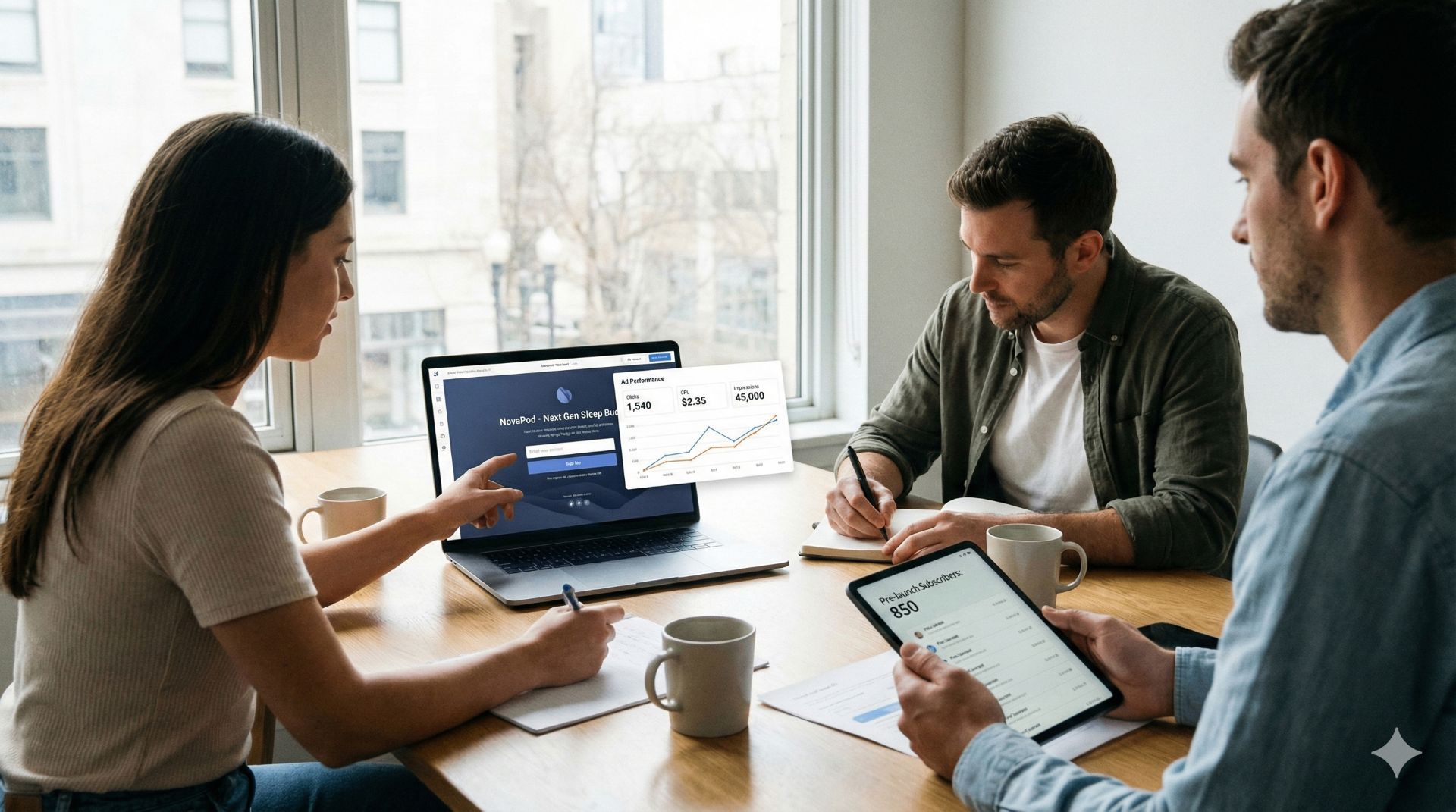 Kickstarter pre-launch team reviewing landing page and ad performance data