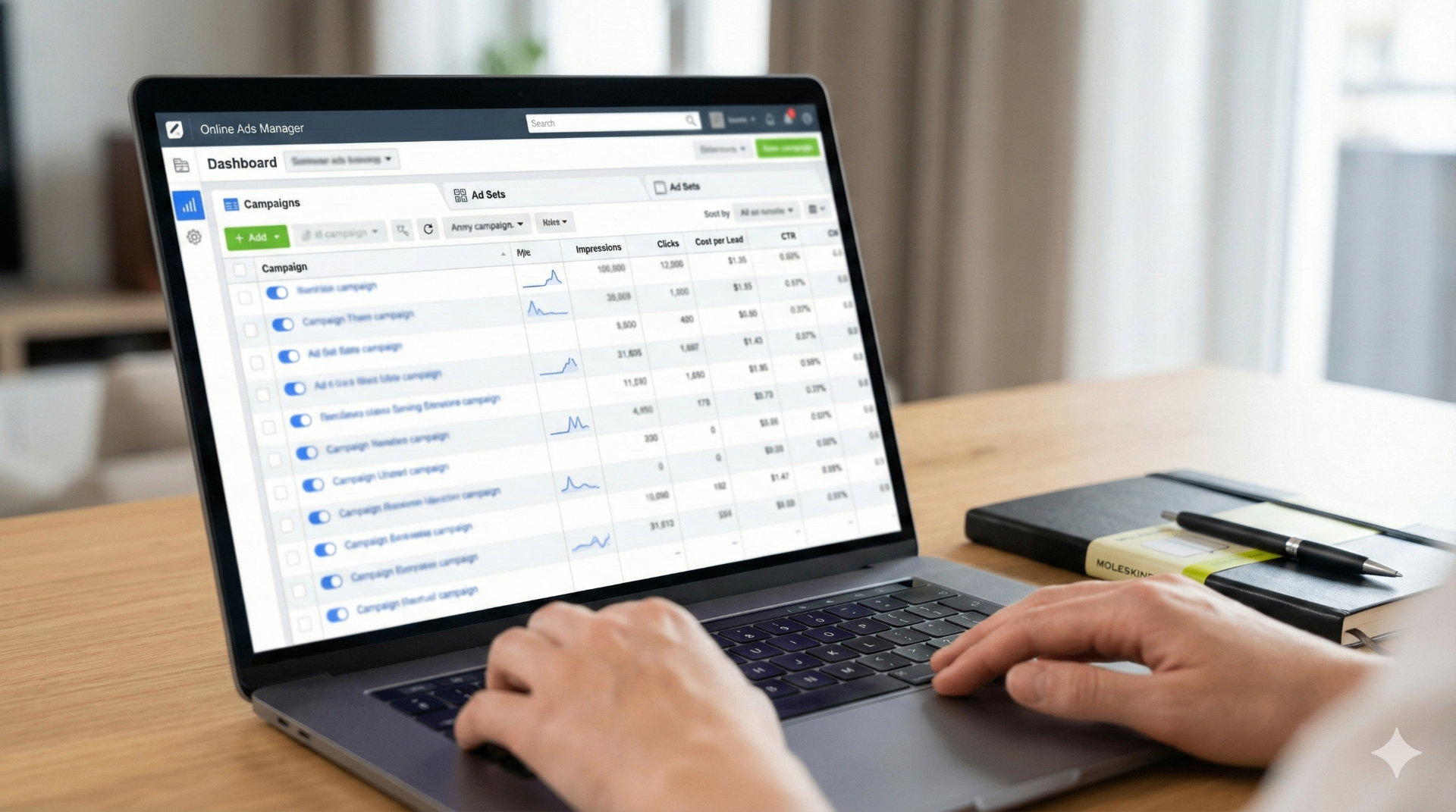 Online ads manager dashboard showing Kickstarter campaign performance metrics including impressions, clicks, cost per lead, and CTR data