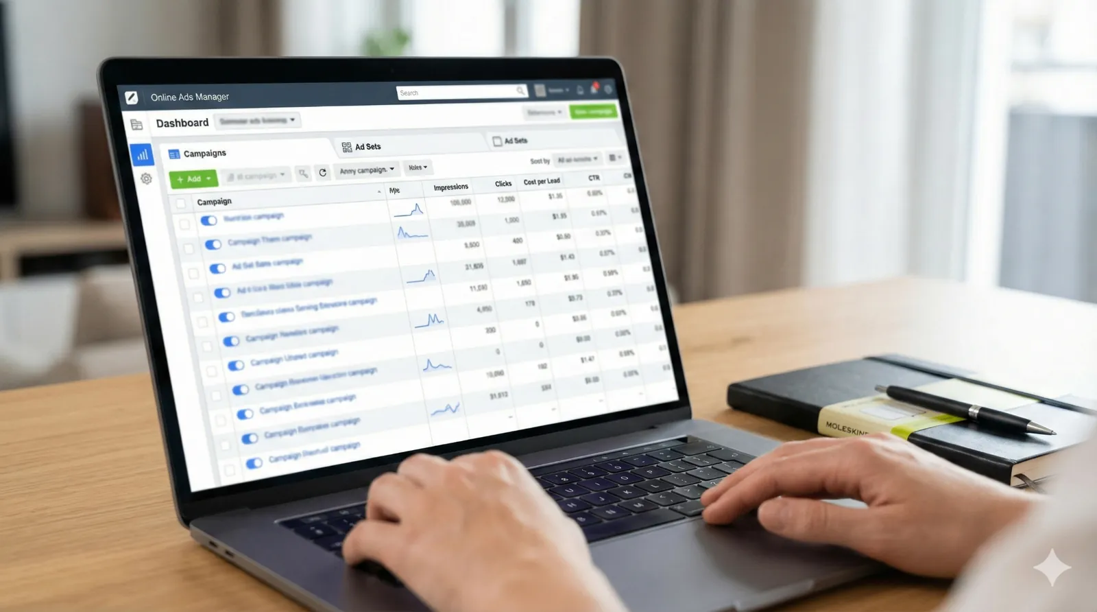 Online ads manager dashboard showing Kickstarter campaign performance metrics including impressions, clicks, cost per lead, and CTR data