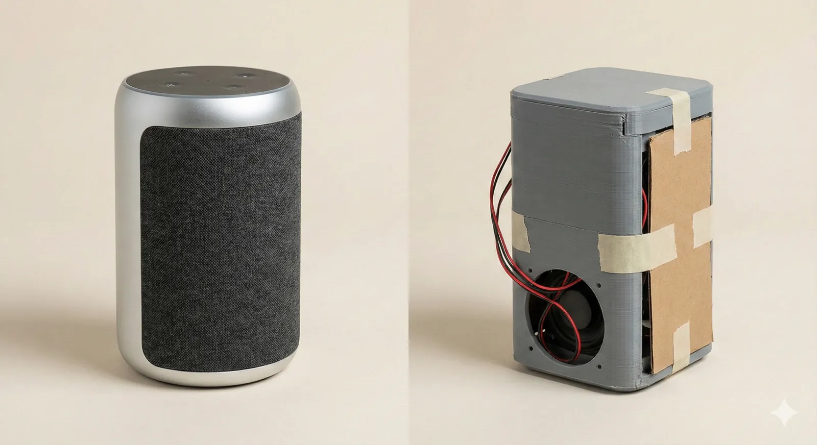 Finished product shown next to an early prototype to illustrate development stage in a Kickstarter campaign