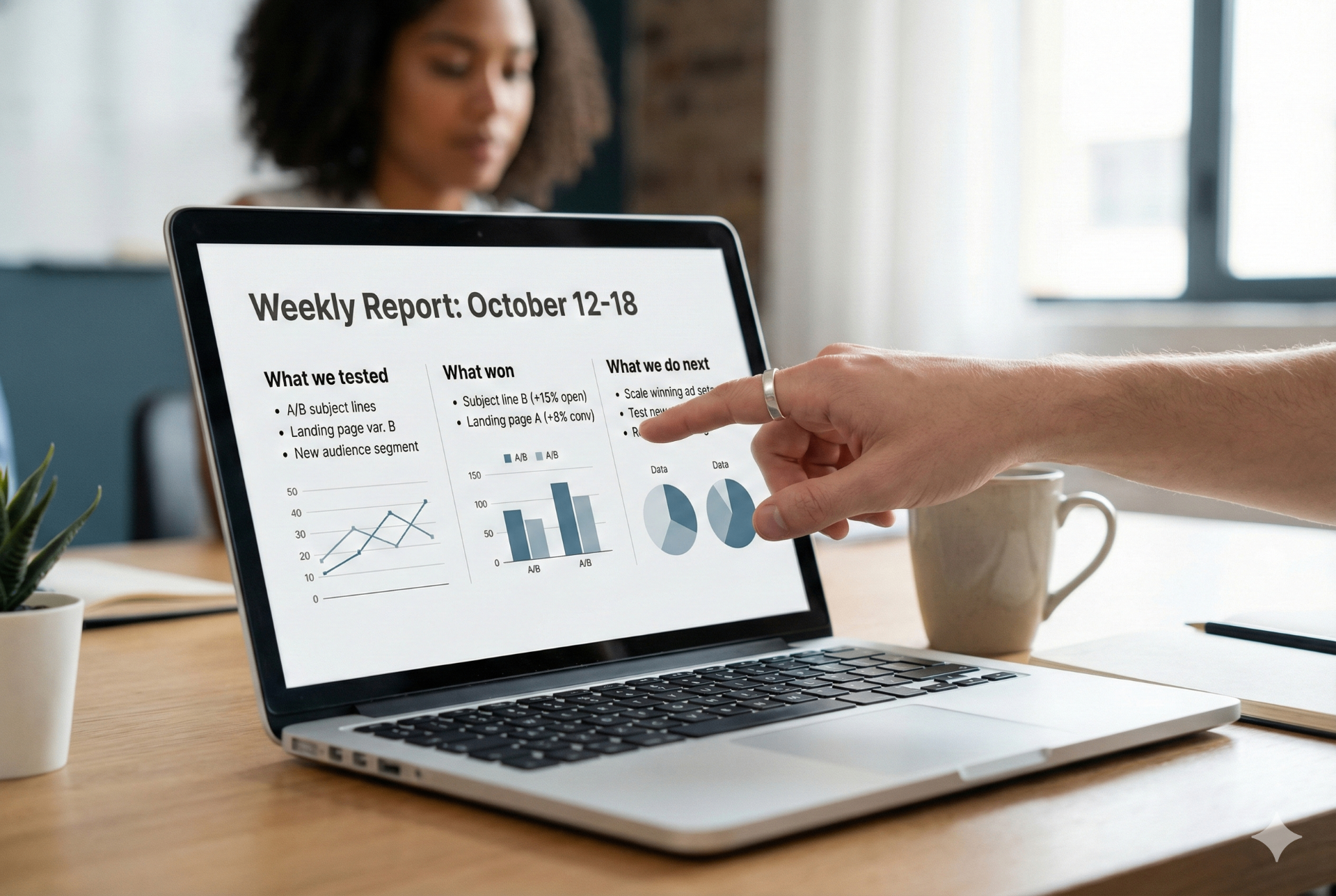 Kickstarter marketing agency weekly reporting dashboard showing campaign decisions, performance metrics, and next actions for 2026