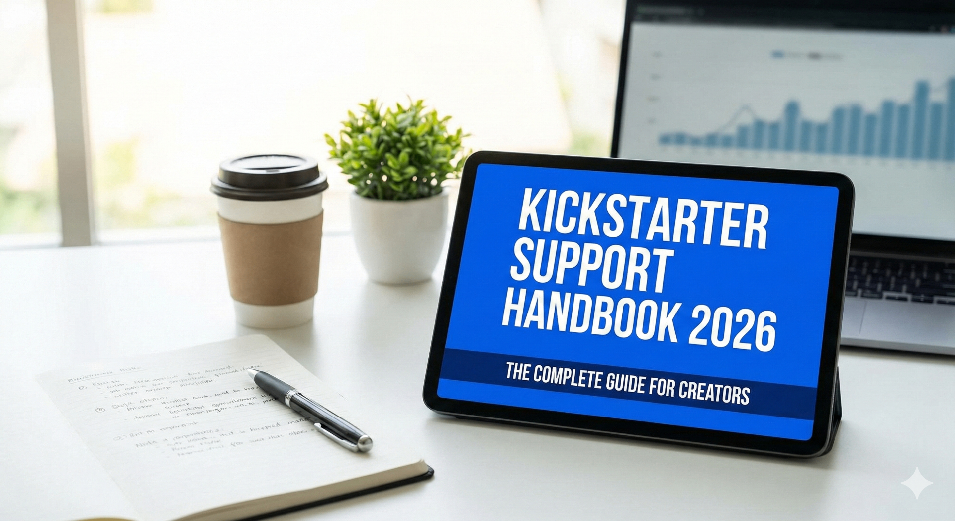 Kickstarter Support Handbook 2026 - The Complete Guide for Creators displayed on tablet with planning notes
