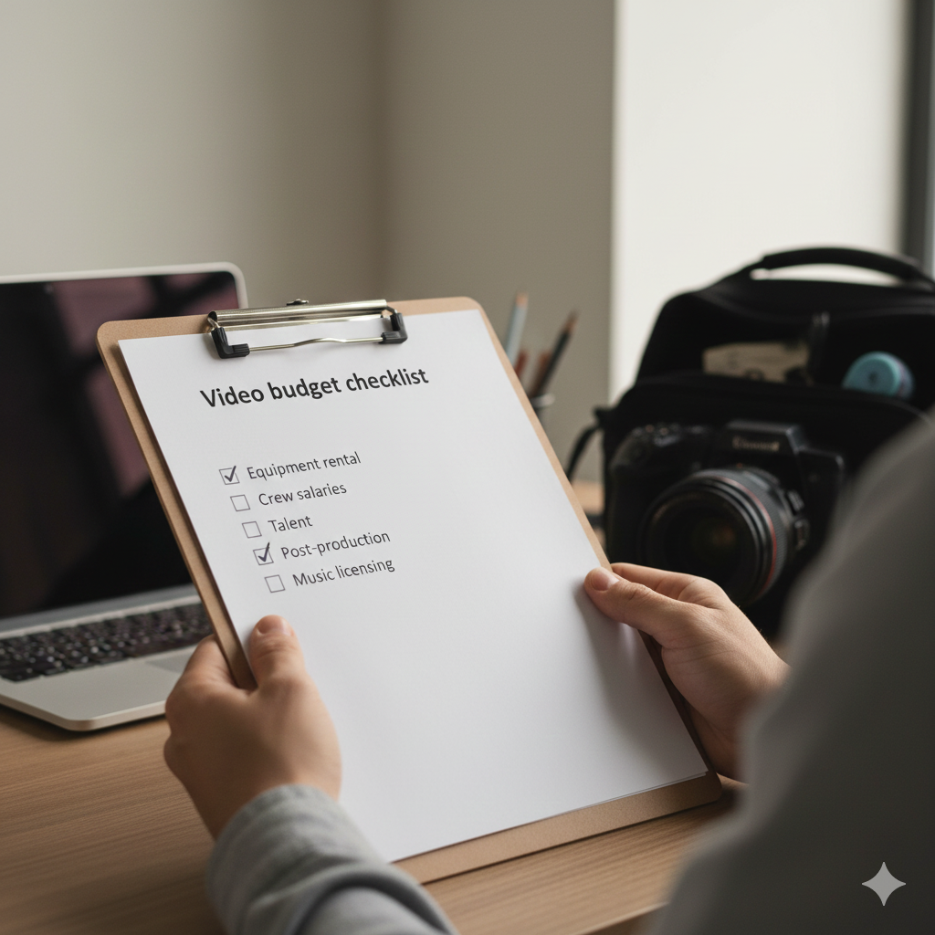 Kickstarter video budget checklist on clipboard showing equipment rental, crew salaries, talent, post-production, and music licensing cost planning items