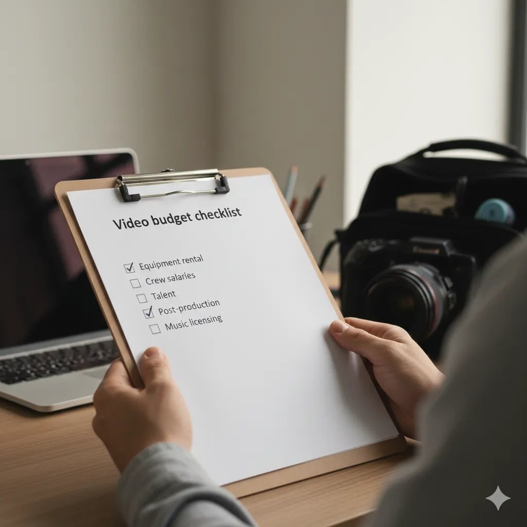 Kickstarter video budget checklist on clipboard showing equipment rental, crew salaries, talent, post-production, and music licensing cost planning items