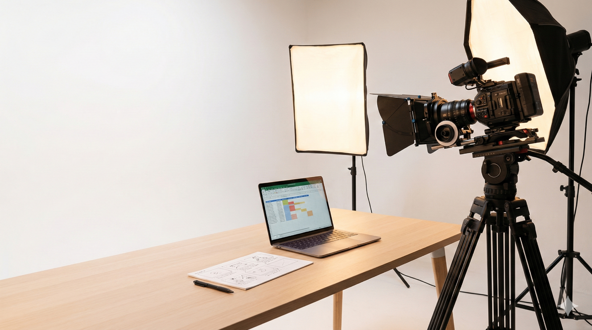 Kickstarter video production studio with budget spreadsheet on laptop, storyboard notes, and professional camera equipment for 2026 campaign planning