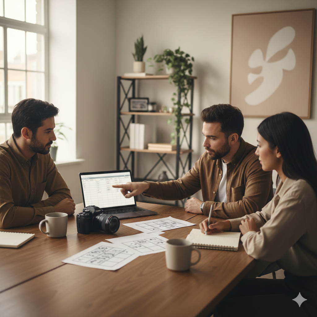 Kickstarter video budget planning meeting with team reviewing cost estimates, storyboard, and campaign budget allocation for crowdfunding video production 2025