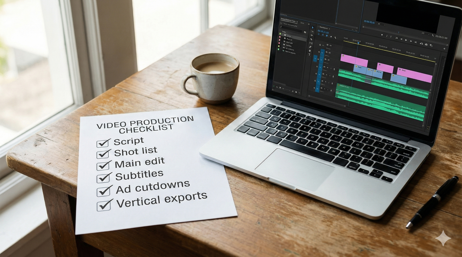 Video production checklist showing script, shot list, main edit, subtitles, ad cutdowns, and vertical exports for Kickstarter campaign