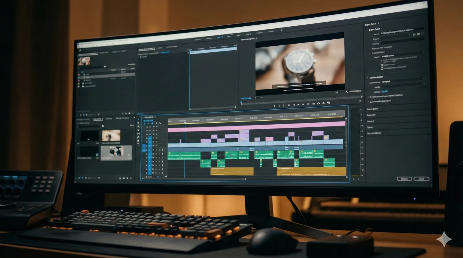 Professional video editing timeline showing Kickstarter ad cut-downs, vertical versions, and multiple hook variations being prepared for crowdfunding campaign 2026