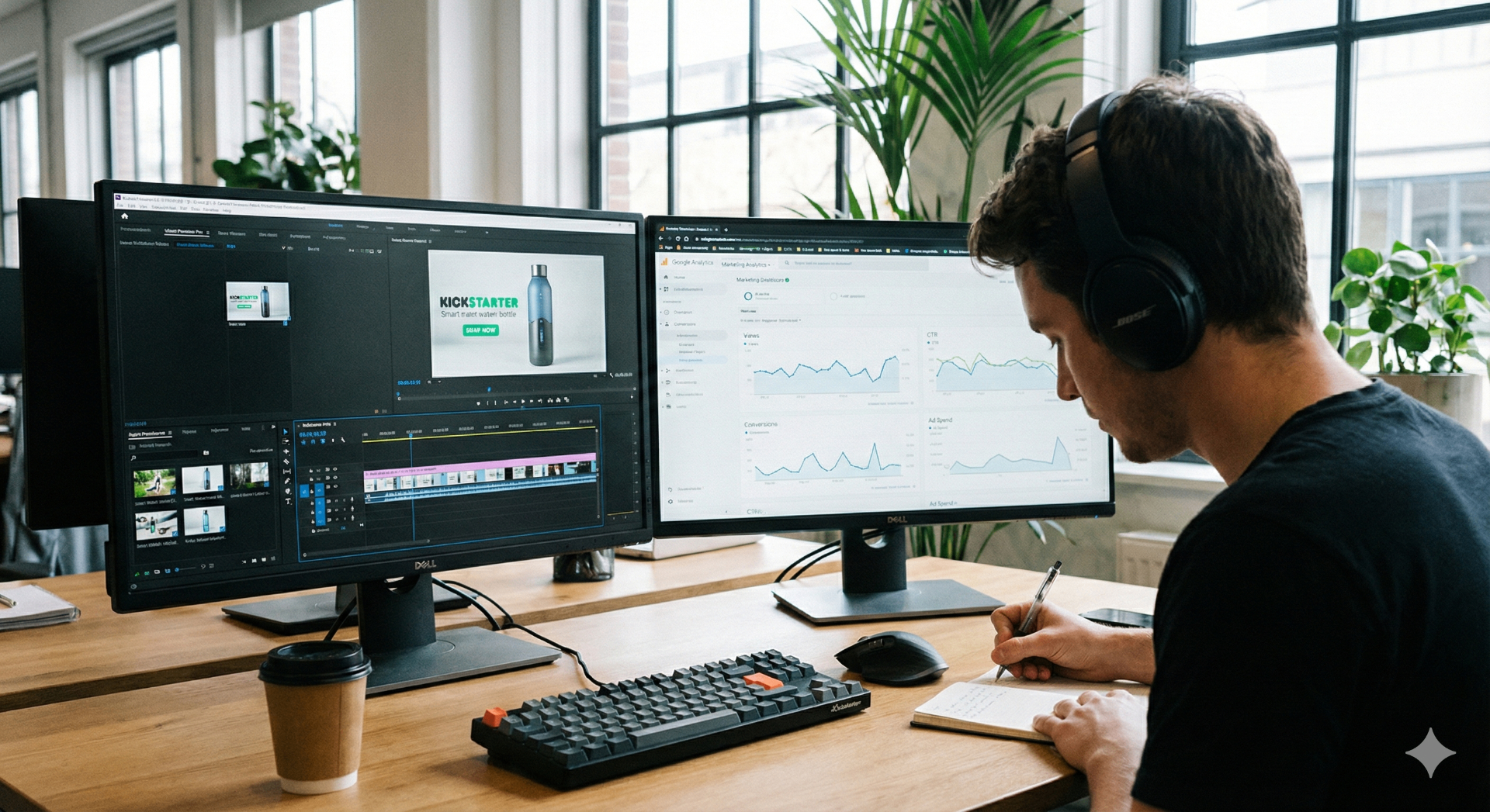 Kickstarter video editor analyzing campaign analytics and ad performance data to optimize crowdfunding video content