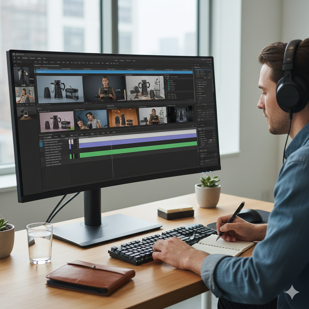 Professional video editor working on Kickstarter campaign video post-production with editing timeline, color grading, and multiple video cuts for ads