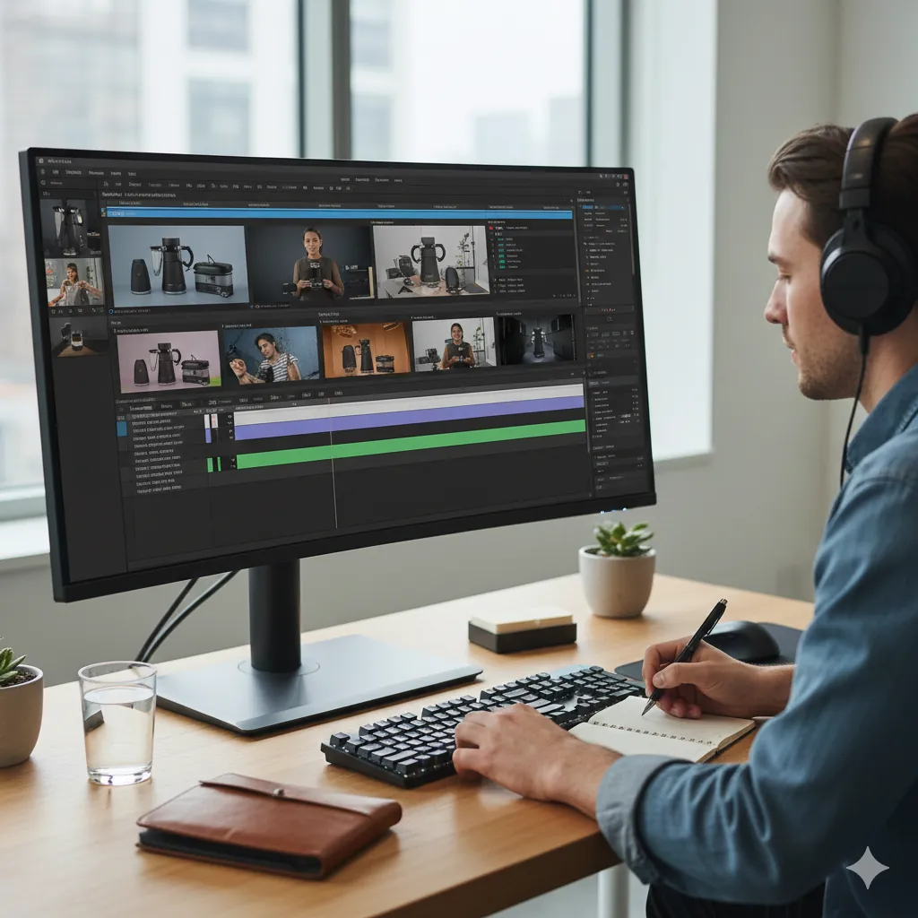 Professional video editor working on Kickstarter campaign video post-production with editing timeline, color grading, and multiple video cuts for ads