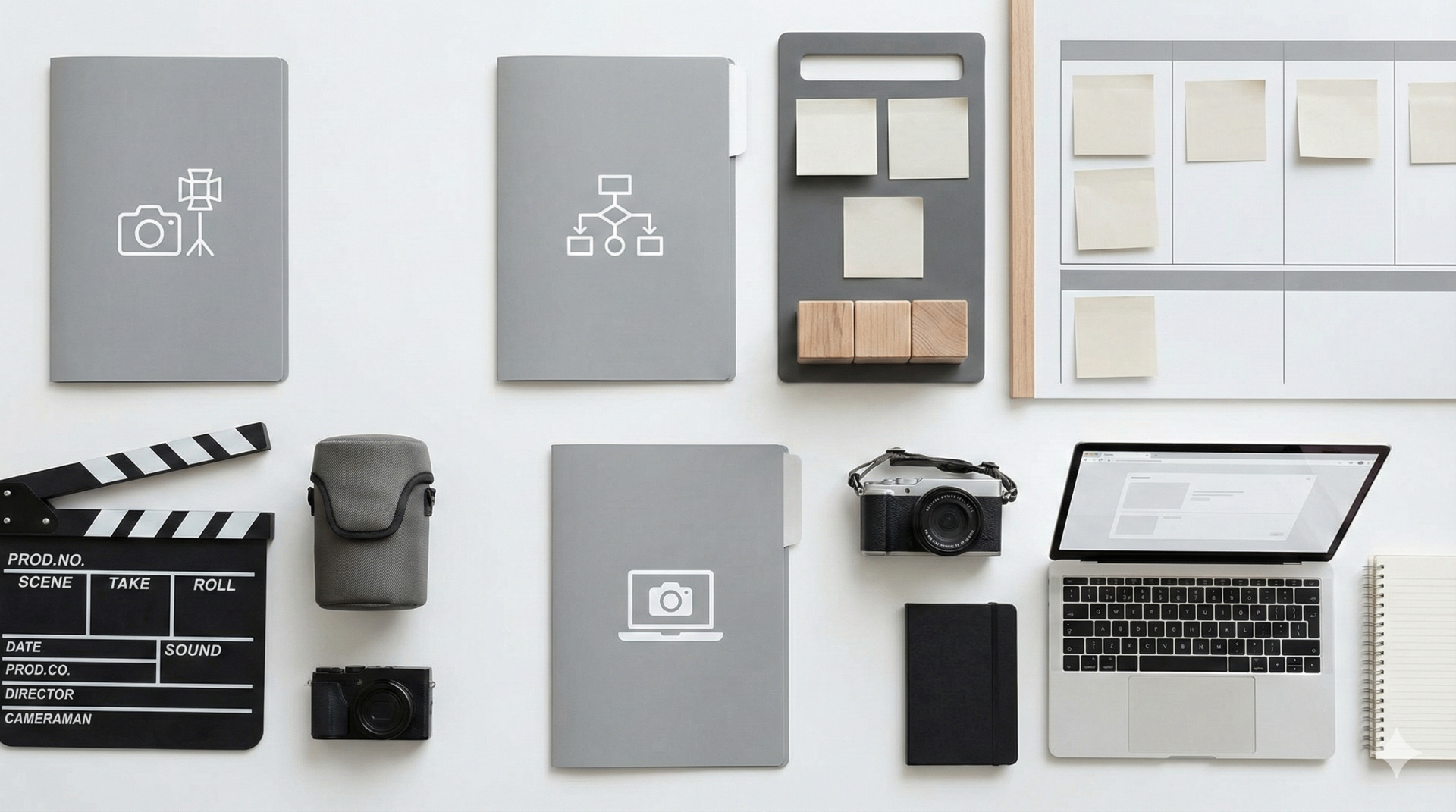 Flat lay comparison of Kickstarter video production options showing studio equipment, agency workflow diagrams, and freelancer tools for crowdfunding video creation 2026