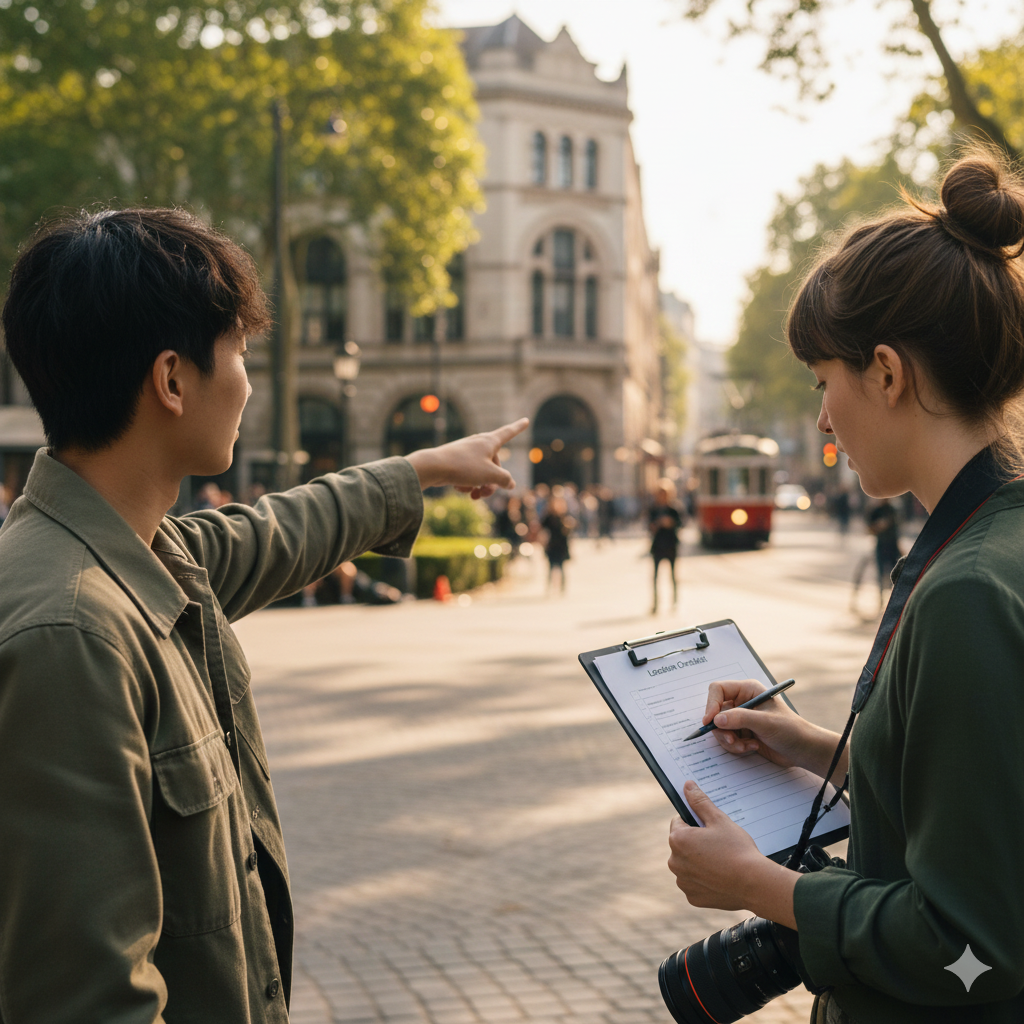Kickstarter video production team scouting location with checklist, evaluating outdoor filming environment for crowdfunding campaign video shoot