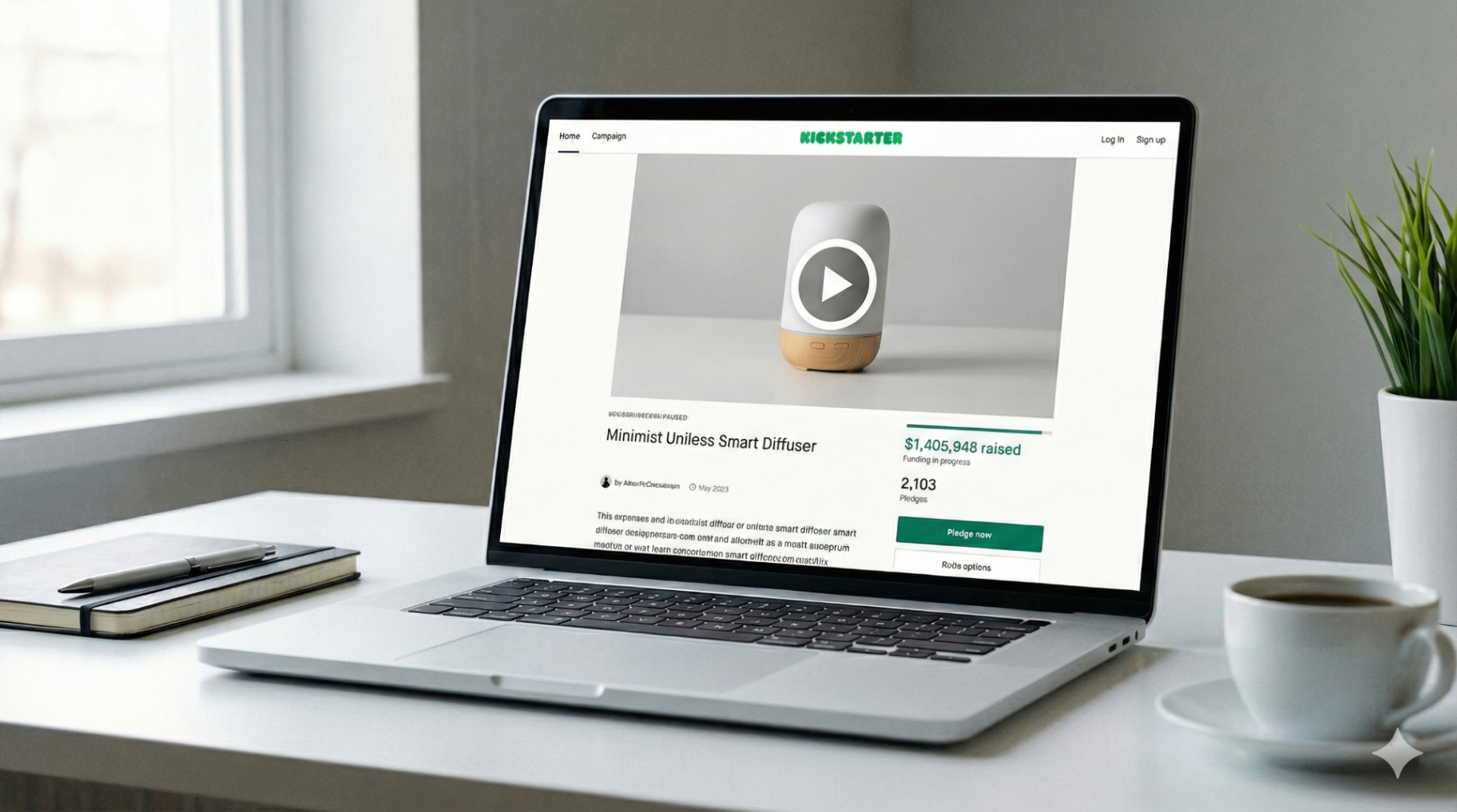 Kickstarter campaign page shown on a laptop with a product video at the top of the page